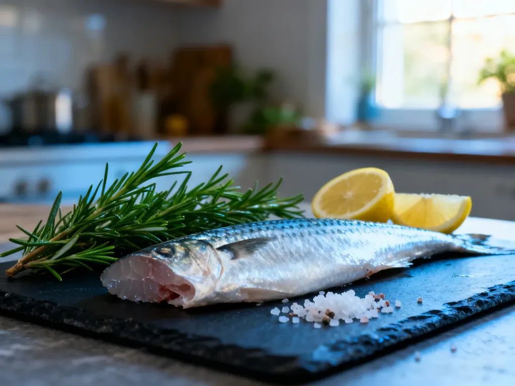 Surowy filet z nototenii na kamiennej desce, udekorowany cytryną i rozmarynem, gotowy do przyrządzenia.