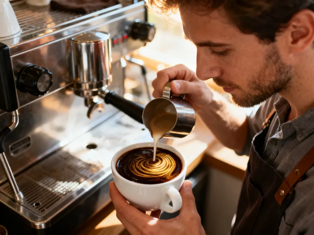 Barista wlewa podwójne espresso do białej filiżanki, eksponując gęstą, złotą cremę. Profesjonalny ekspres w tle.