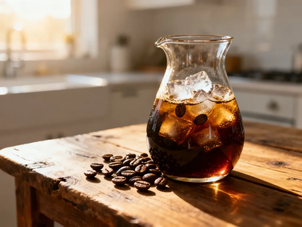 Szklana karafka z kawą cold brew, lodem i ziarnami kawy na rustykalnym drewnianym stole w słonecznej kuchni.