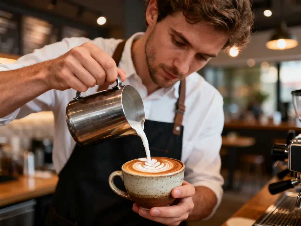 Barista wylewający spienione mleko do filiżanki z espresso, tworzący wzór latte art w przytulnej kawiarni.