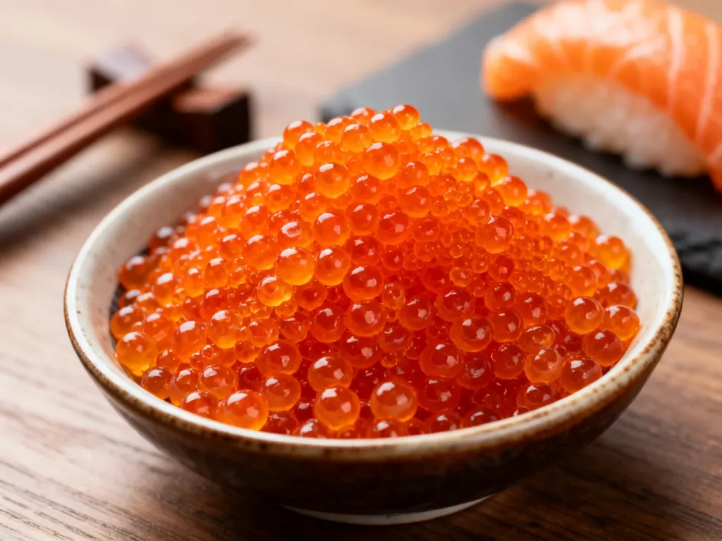 Miska z jasnopomarańczową ikrą tobiko w zbliżeniu, podana w estetycznej oprawie z pałeczkami i nigiri w tle.